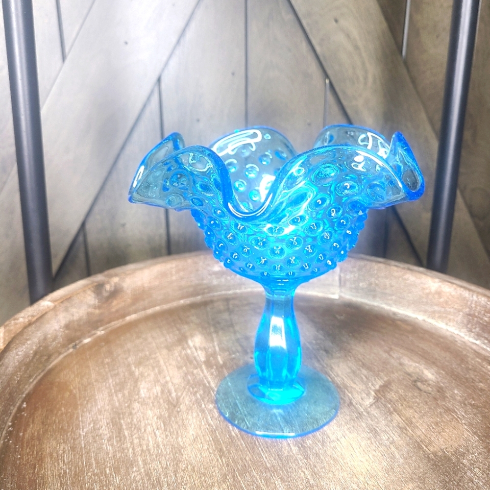 Vintage Fenton Pressed Glass Hobnail Tourqoise Glass Ruffled Edge Compote 6 x5